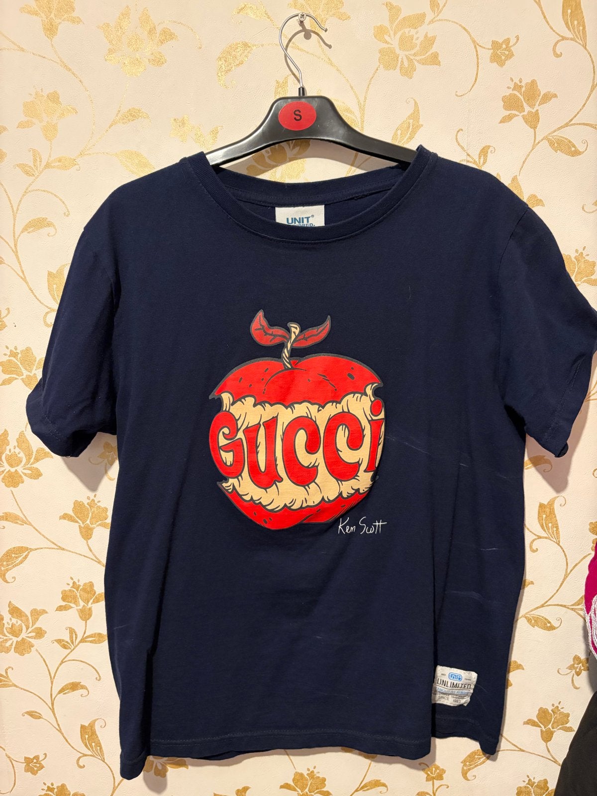 Gucci x Ken Scott T-shirt met appelprint, Kleding | Dames, Blauw, Ophalen of Verzenden, Zo goed als nieuw, Korte mouw