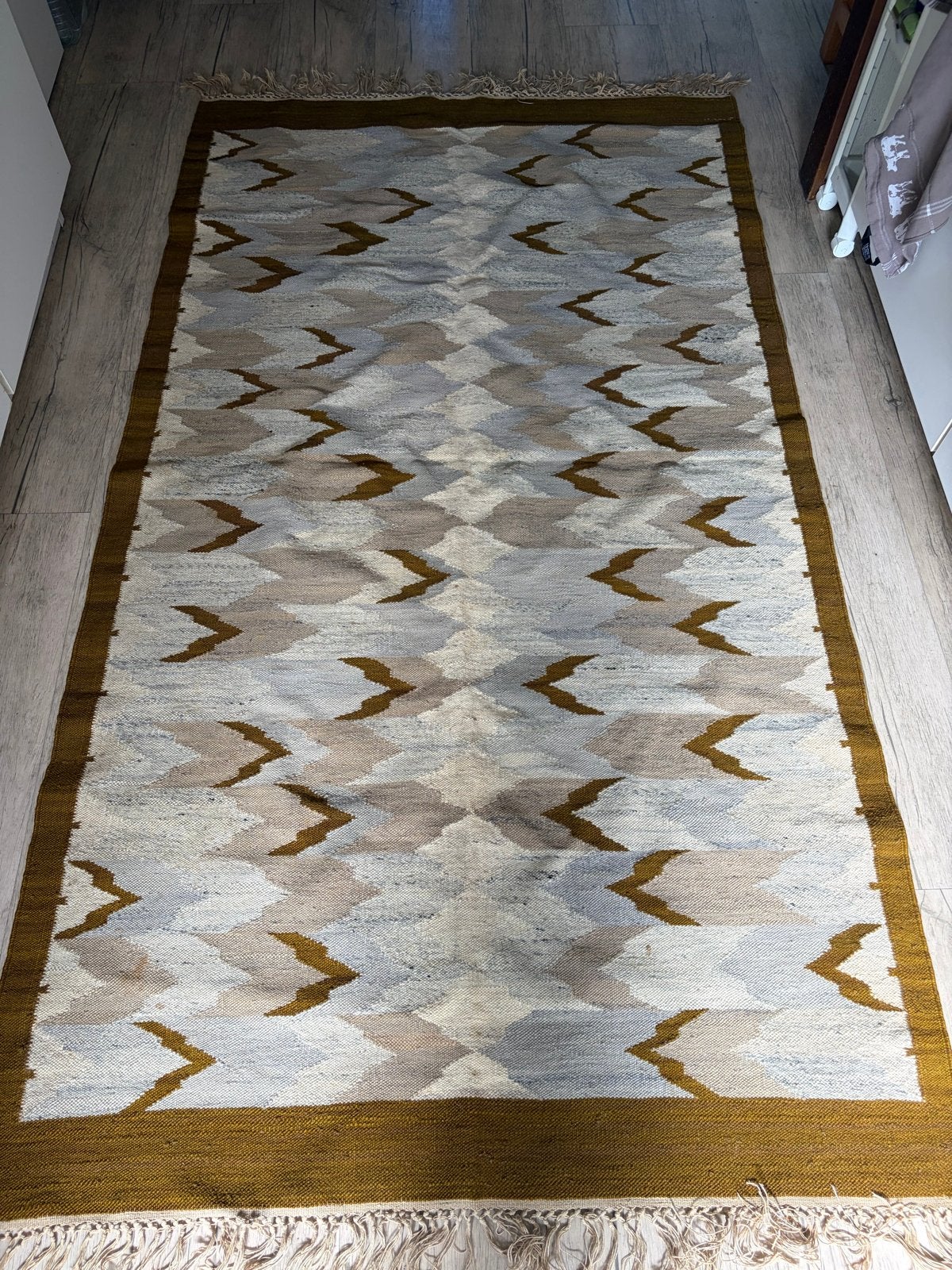 Vintage wollen Vloerkleed kelim, 100 tot 150 cm, 200 cm of meer, Ophalen of Verzenden, Zo goed als nieuw