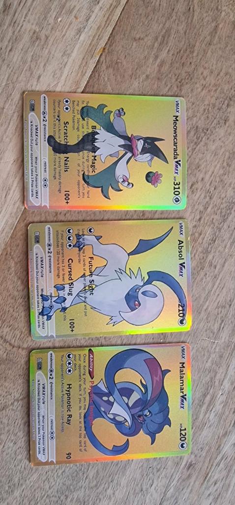 Pokémon VMAX Meowscarada, Absol, Malamar - Gouden Kaarten, Ophalen of Verzenden, Zo goed als nieuw, Meerdere kaarten