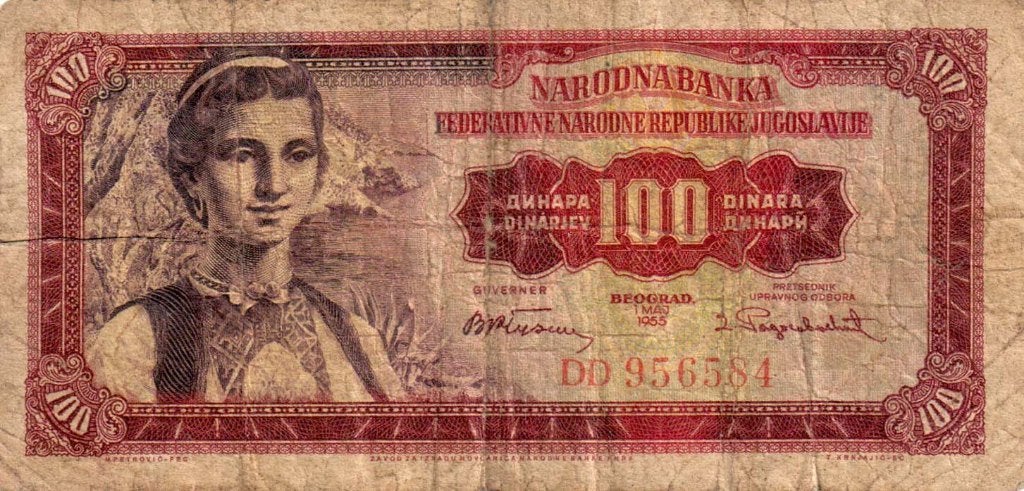 Joegoslavië 100 dinara 1955 - F, Postzegels en Munten, Verzenden, Joegoslavië, Los biljet