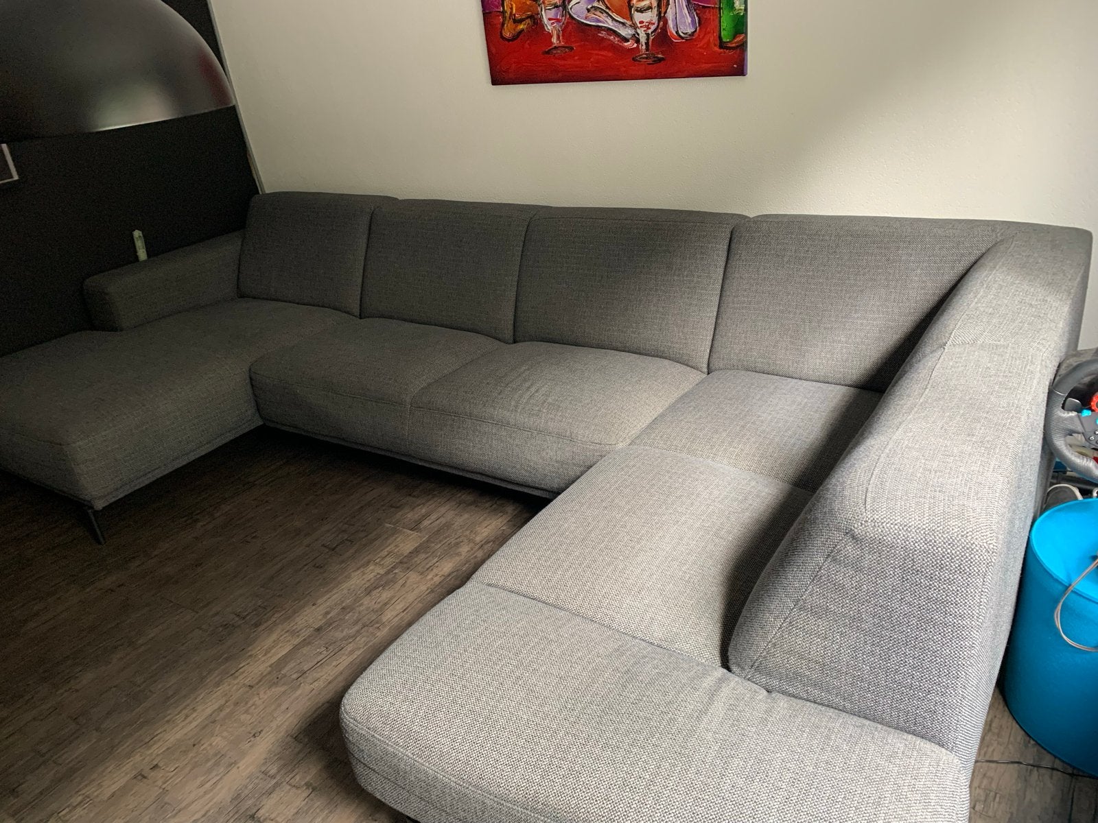 Grote grijze hoekbank met chaise longue Montel, Ophalen, Gebruikt, Hoekbank, 300 cm of meer
