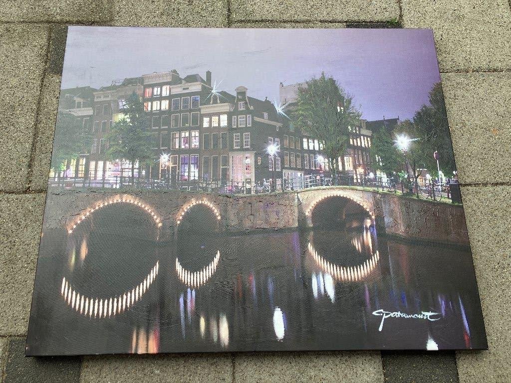 L. Paramount schilderij gracht water brug verlichting, Ophalen, Gebruikt, Oorspronkelijke maker, Schilderij
