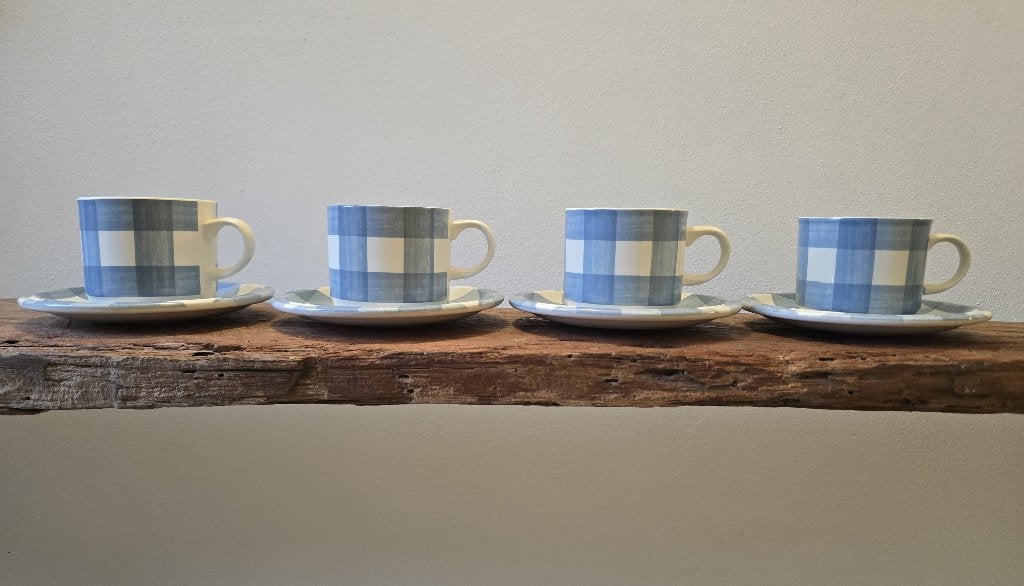 Kop en schotels (4 st.) Grindley Blue&White Carolina Checks, Huis en Inrichting, Keuken | Servies, Ophalen of Verzenden, Zo goed als nieuw