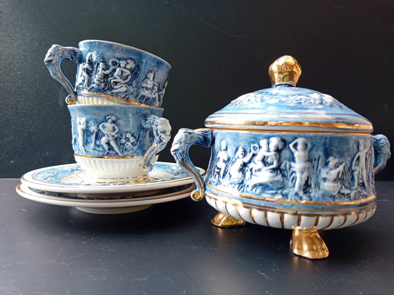 Capodimonte theeservies met suikerpot - Blauw en goud, Verzenden