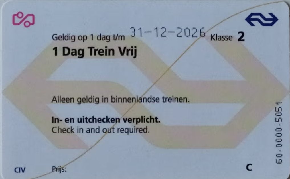 NS 1 dag trein vrij, Tickets en Kaartjes, Eén persoon, Trein, Nederland, Algemeen kaartje