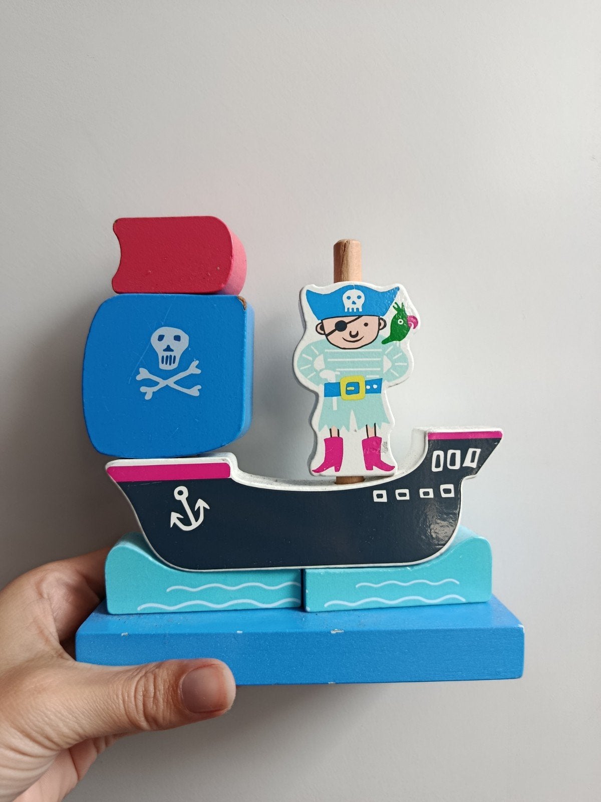 Hema houten stapelpuzzel piratenschip met piraat, Ophalen of Verzenden