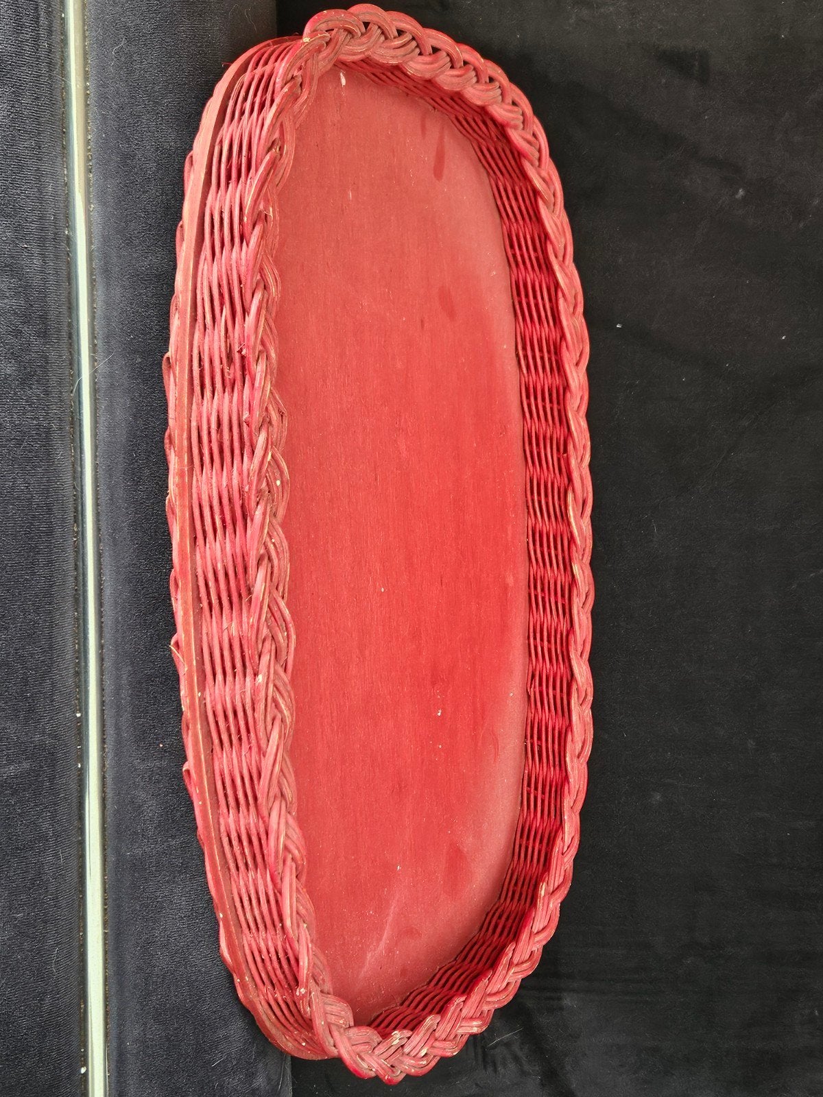 Rood serveerblad van riet en hout, Gebruikt, Gevlochten, Ophalen of Verzenden, Dienblad