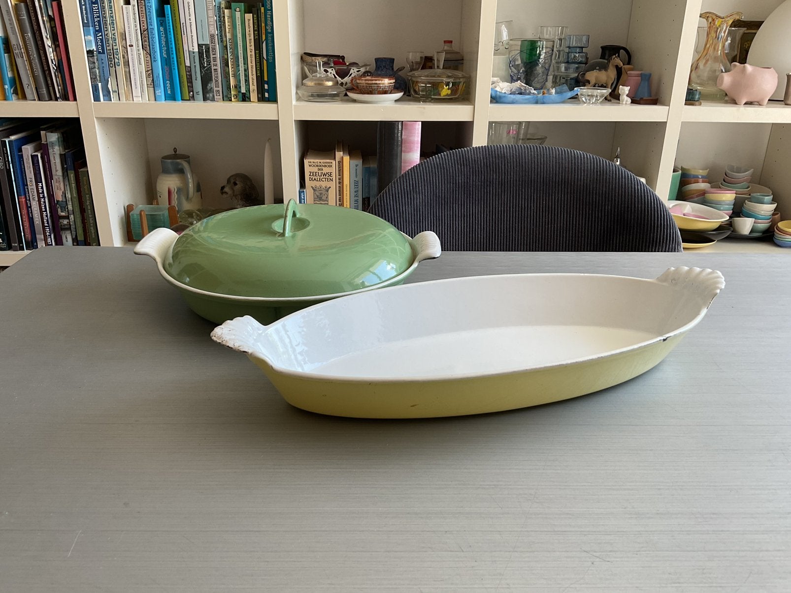 2x vintage Descoware Belgium gietijzer ovenschalen; €20 p/s, Ophalen of Verzenden, Gebruikt, Gietijzer, Overige typen