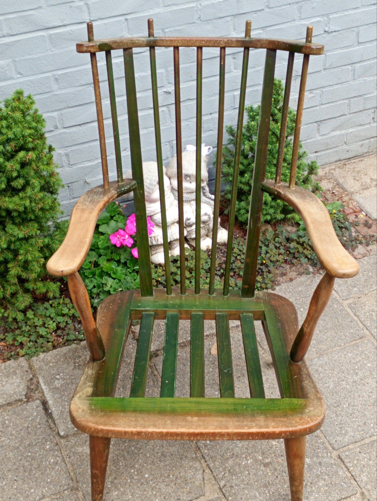 Vintage houten spijlenstoel met armleuningen, Ophalen of Verzenden