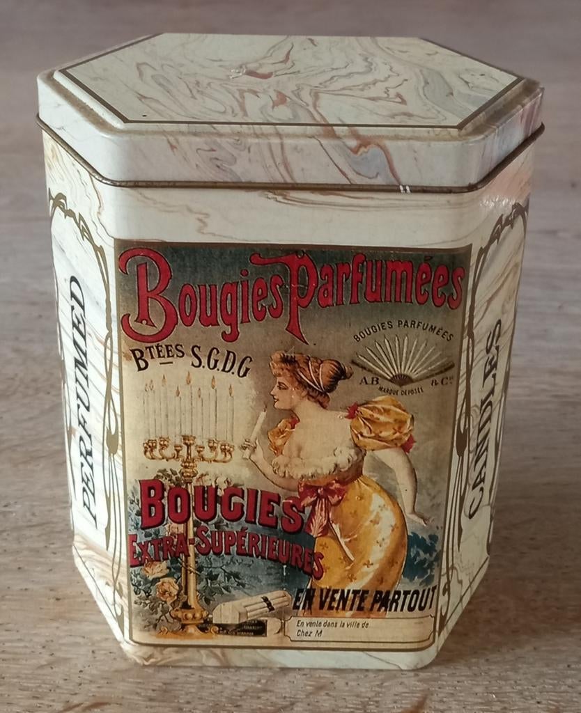 Vintage brocante 6-hoekig blikje dame m kaarsen, gemarmerd, Ophalen of Verzenden, Gebruikt, Overige