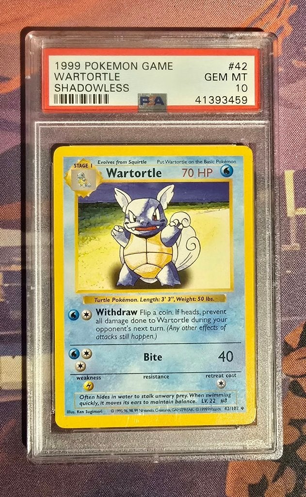 Pokemon TCG - Shadowless Wartortle 42/102 - PSA 10, Ophalen, Nieuw, Losse kaart
