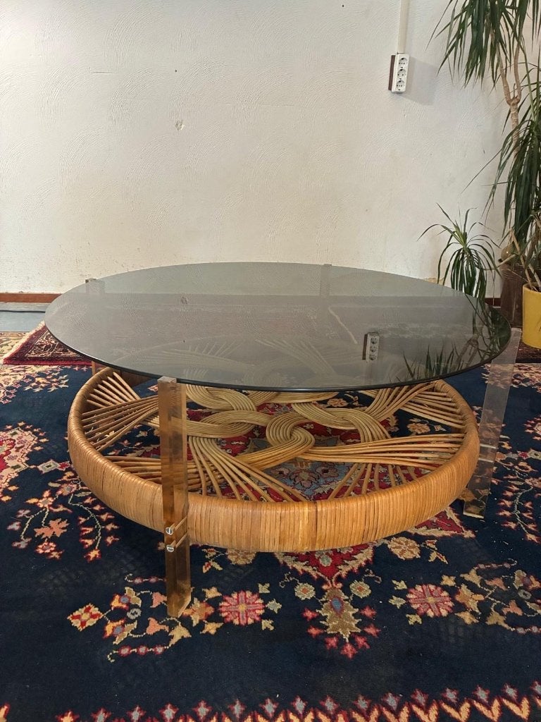 Luxe Vintage Salontafel Jaren 70 - Rotan & Rookglas, Ophalen