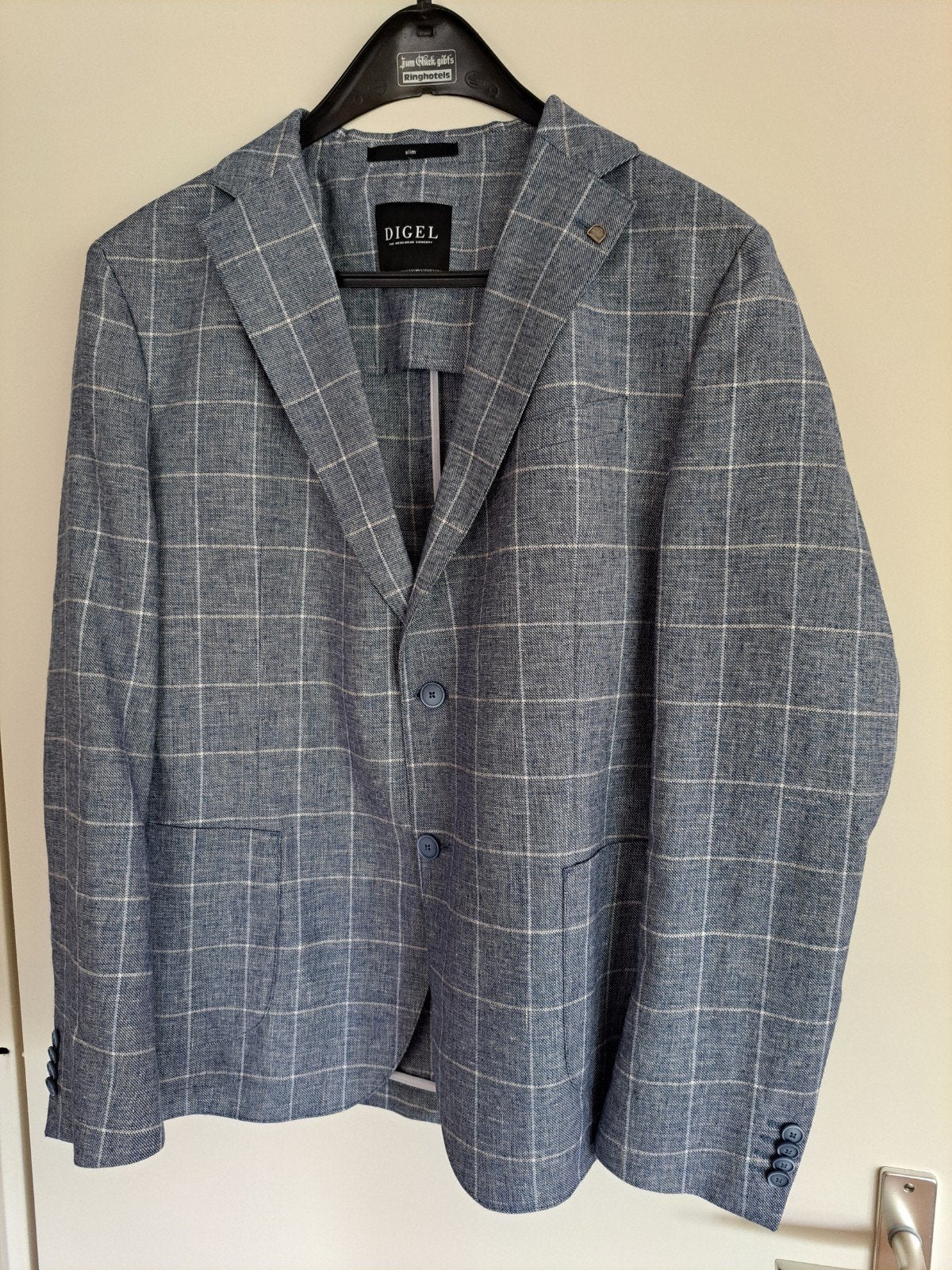 Digel linnen colbert blaue/grijs wit ruit mt 54, Kleding | Heren, Ophalen of Verzenden, Zo goed als nieuw, Grijs
