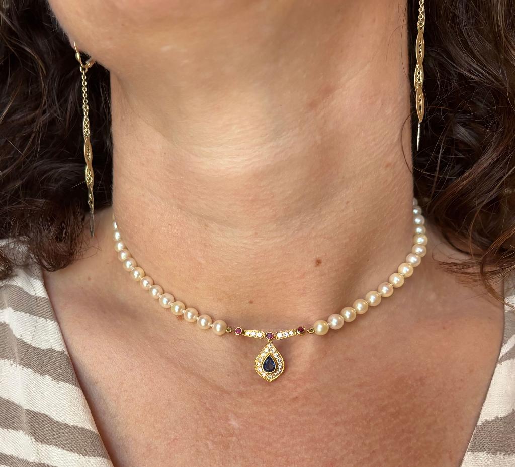 Akoya parel ketting diamant robijn saffier hanger 14k goud, Voordeelsieraden, Verzenden, Zo goed als nieuw, Met edelsteen