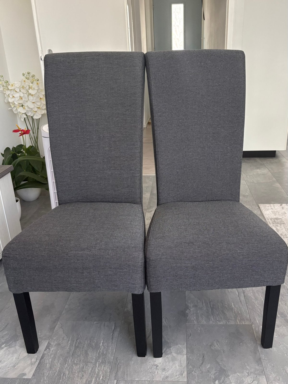 5 eetkamerstoelen, Huis en Inrichting, Stoelen, Ophalen, Gebruikt, Stof, Grijs