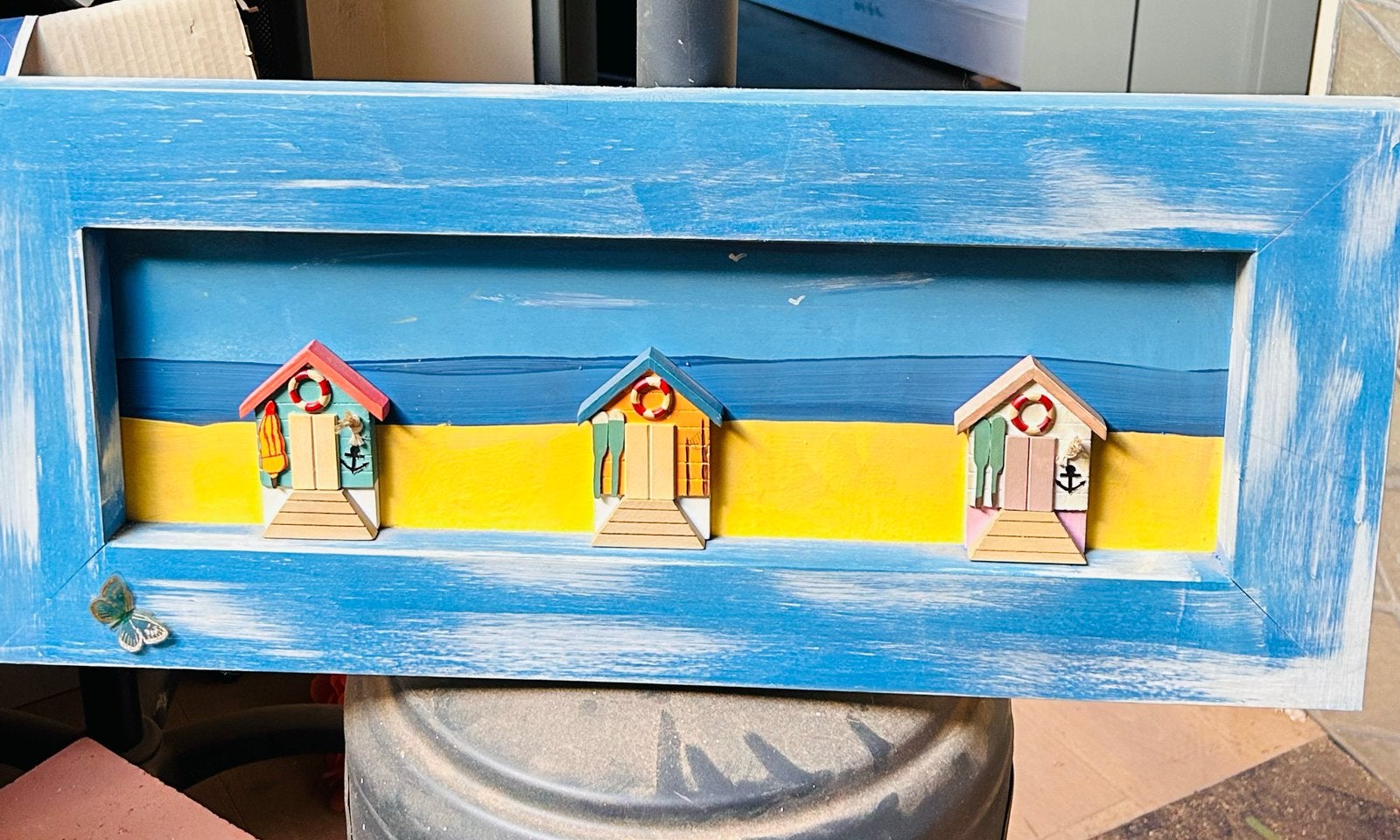 Wanddecoratie Strandhuisjes 70x30 cm, Ophalen, Hout, Gebruikt, Blauw