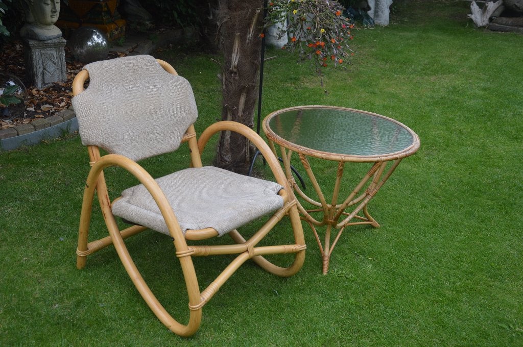 Vintage bamboe setje jaren70 stoel+ tafeltje met gewolkt gla, Ophalen, Gebruikt, Bruin, Hout