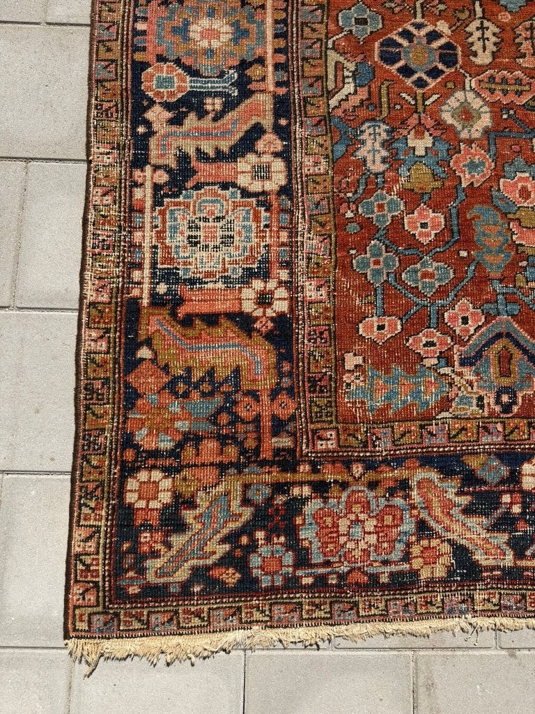 Antiek Heriz tapijt –225x202cm– uniek geometrisch design, Gebruikt, Wol, 200 cm of meer, Ophalen of Verzenden