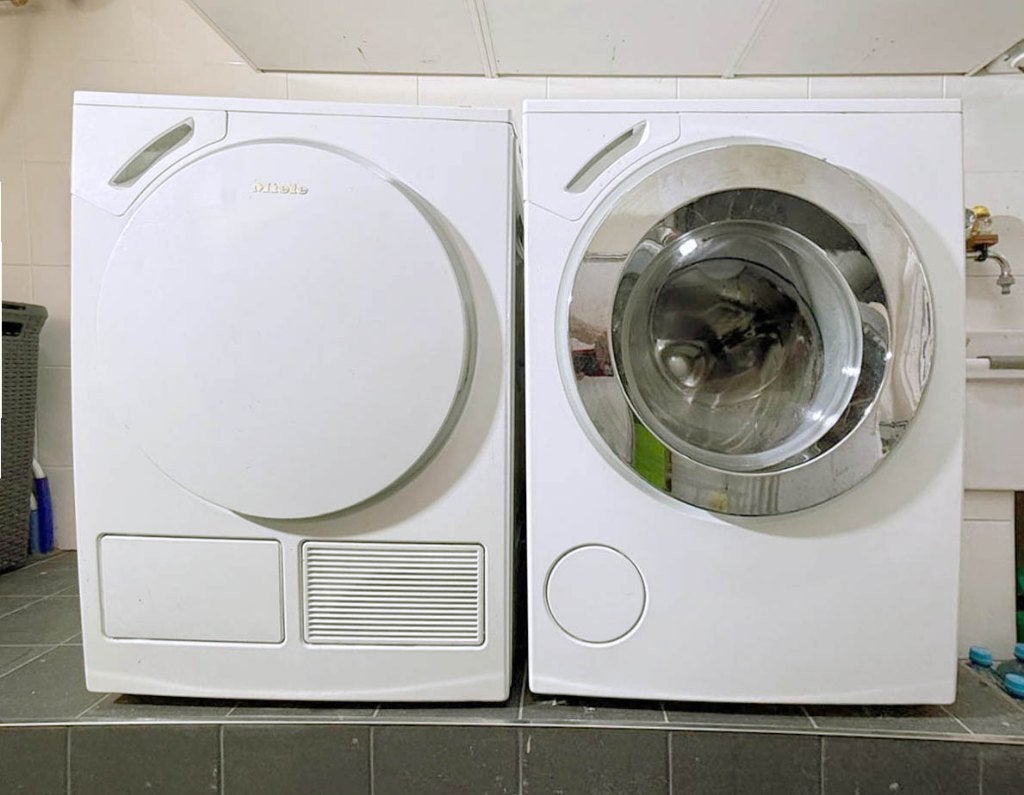 Miele Wasmachine en Wasdroger met warmtepomp - mooie set!, Ophalen, Zo goed als nieuw, Voorlader, 85 tot 90 cm