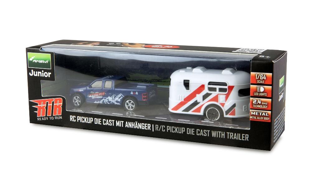Amewi RC Pick-up Die Cast with Caravan Trailer 1/64 RTR blue, Ophalen of Verzenden, Nieuw, Overige schalen, Auto offroad