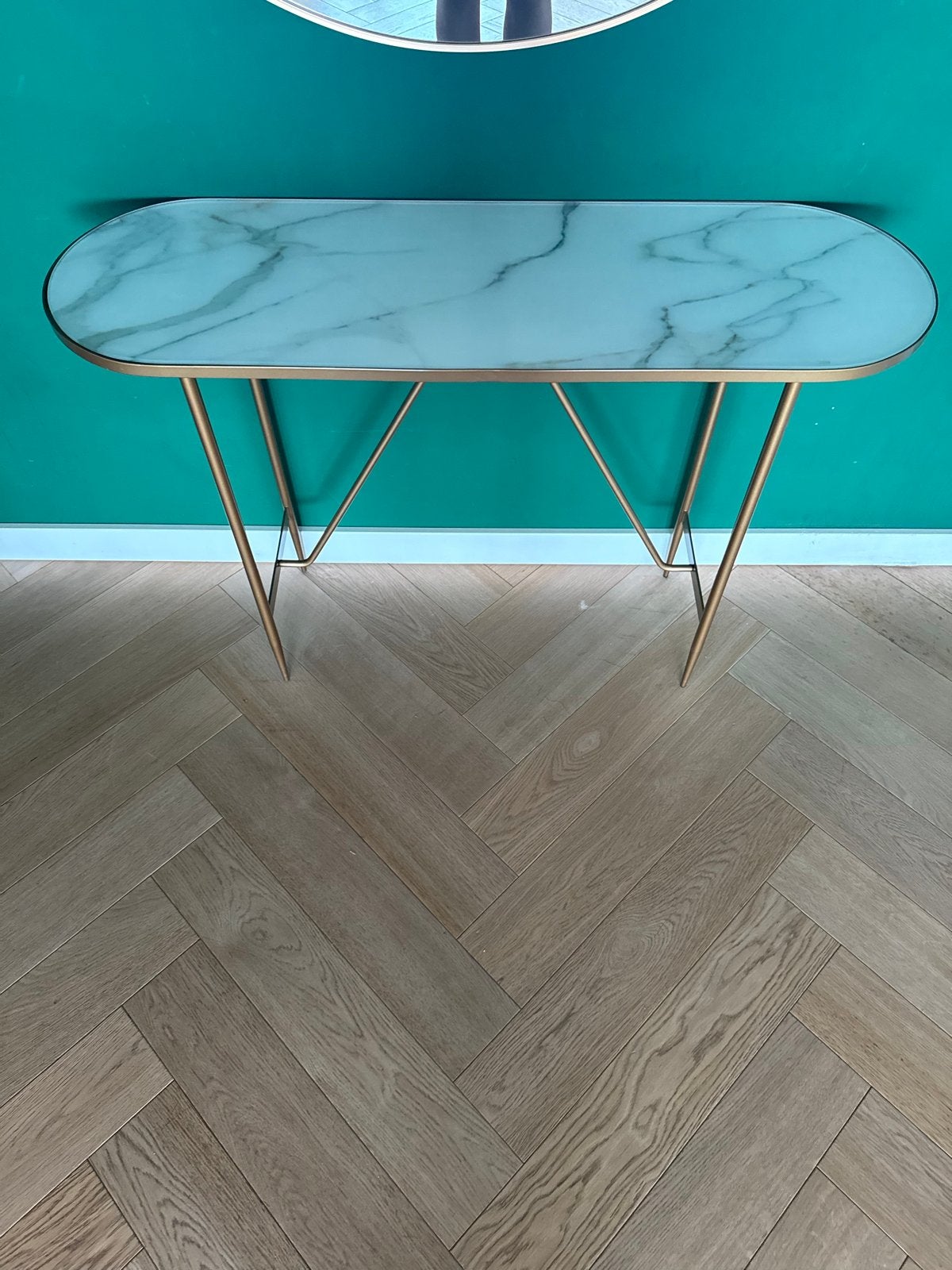 Sidetable - marmerlook met goudkleurig metalen onderstel, Huis en Inrichting, Ophalen, 50 tot 100 cm, Zo goed als nieuw, Glas