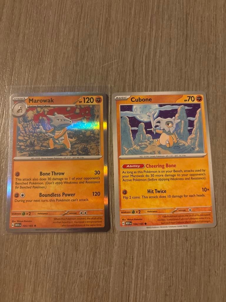 151 Serie - Pokémon Kaarten: Marowak en Cubone (2 kaarten), Ophalen of Verzenden, Zo goed als nieuw, Meerdere kaarten