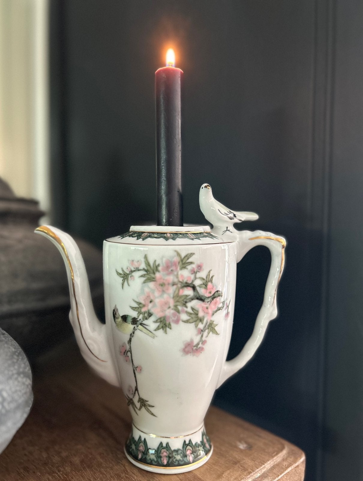 Handbeschilderde Chinese vogel theepot als kandelaar oosters, Antiek en Kunst, Ophalen of Verzenden