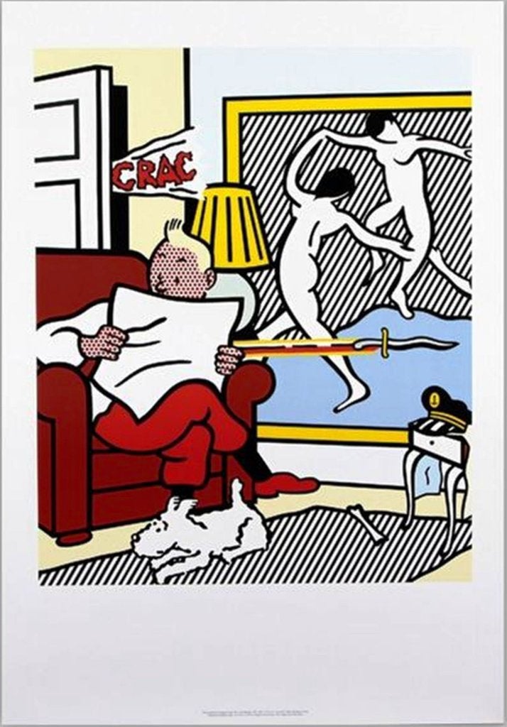 Roy Lichtenstein Orginele Expositie Affiche "Tintin Reading", Antiek en Kunst, Portret en Figuren, Gelimiteerde oplage, Offsetdruk