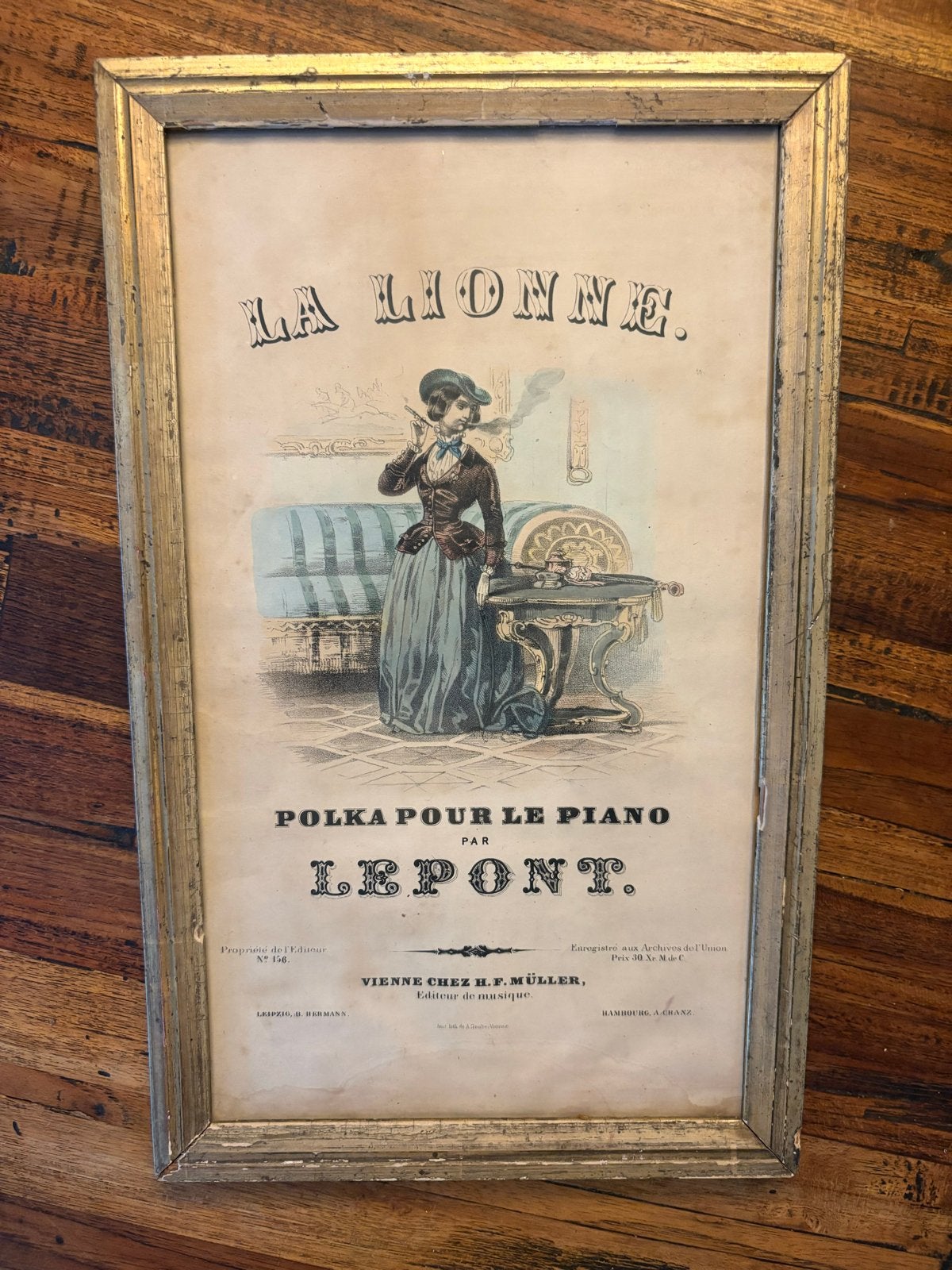 Antieke Lithografie 'La Lionne' - Polka voor Piano, 1800 - 1899, Ophalen of Verzenden, Lithografie, Ingelijst