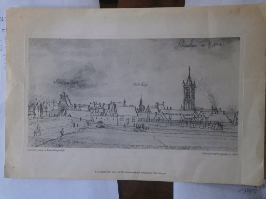 Oude Schiedamse prent van KLOTZ 1674, Ophalen of Verzenden, Voor 1940, Gebruikt, Overige onderwerpen