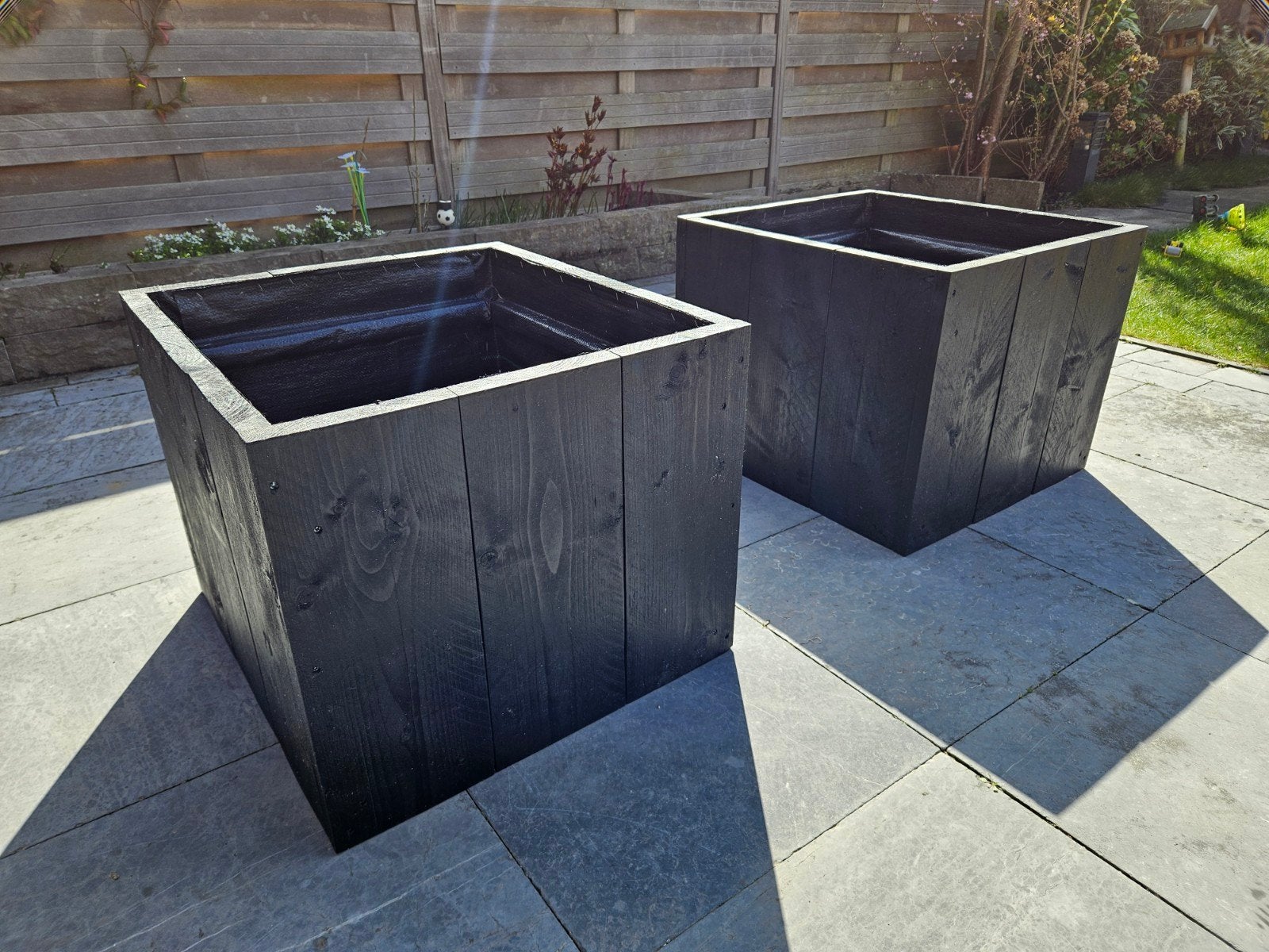Boombakken/ bloembakken van dik steigerhout, zwart gebeitst, Ophalen, Minder dan 60 cm, Vierkant, Nieuw