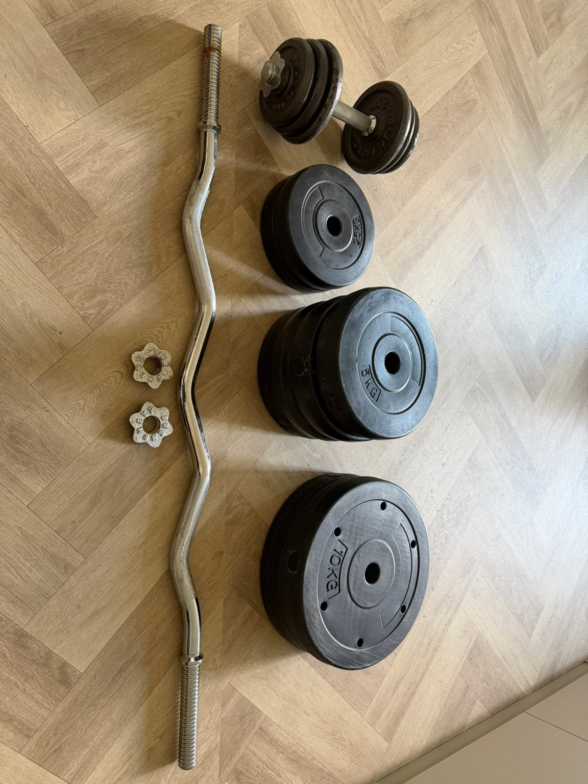 Fitness Gewichten set inclusief dumbell en EZ curl bar, Ophalen, Zo goed als nieuw, Dumbbell