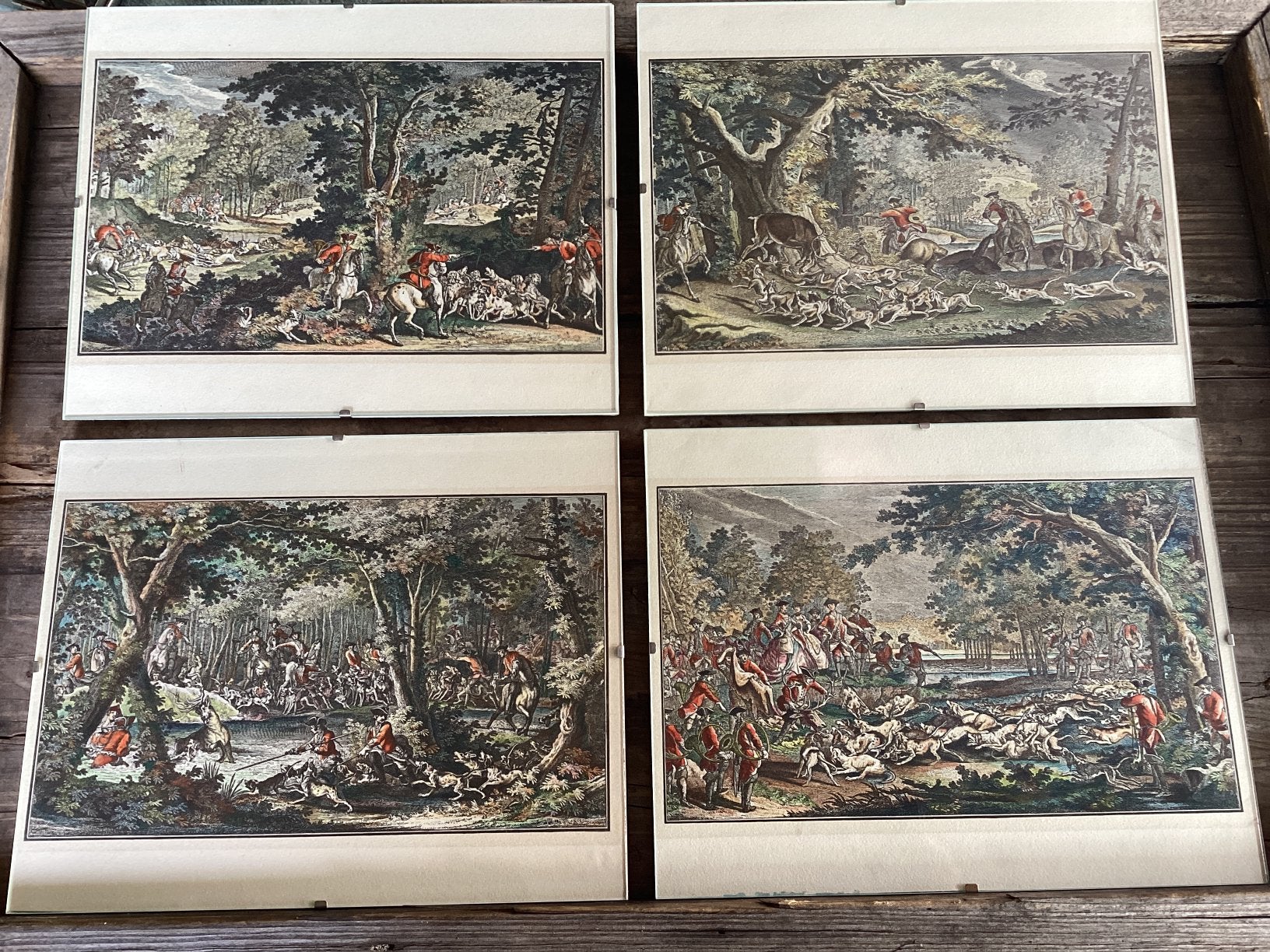 Drijfjacht oude engelse prenten in lijst, 4 stuks, Ophalen of Verzenden, 1940 tot 1960, Gebruikt