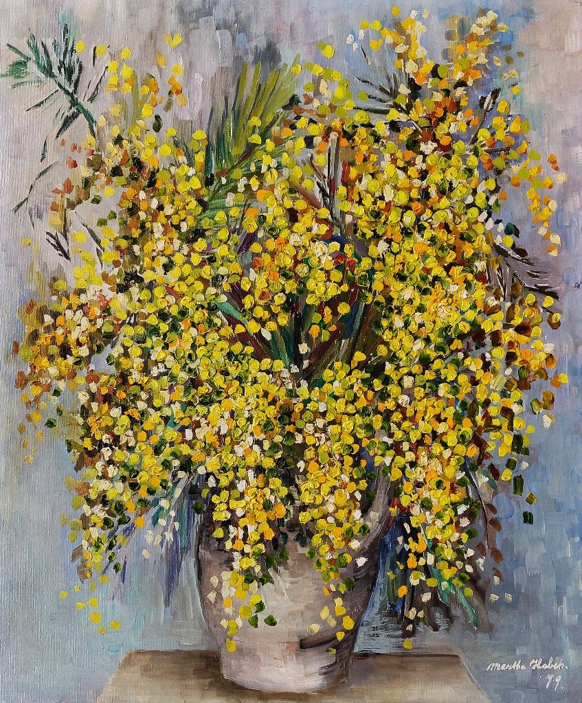 "Mimosa "  Martha Habets, Antiek en Kunst, Kunst | Schilderijen | Klassiek, Origineel werk, Doek, Realistisch, Olieverf