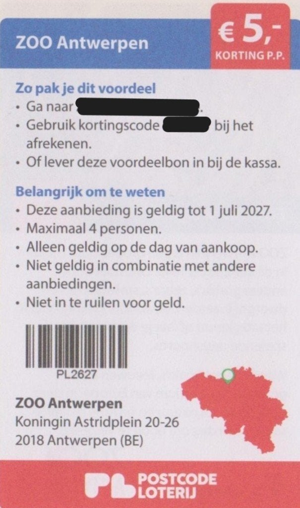 ZOO Antwerpen. € 5,- korting pp. Postcodeloterij voordeelbon, Drie personen of meer, Kortingskaart