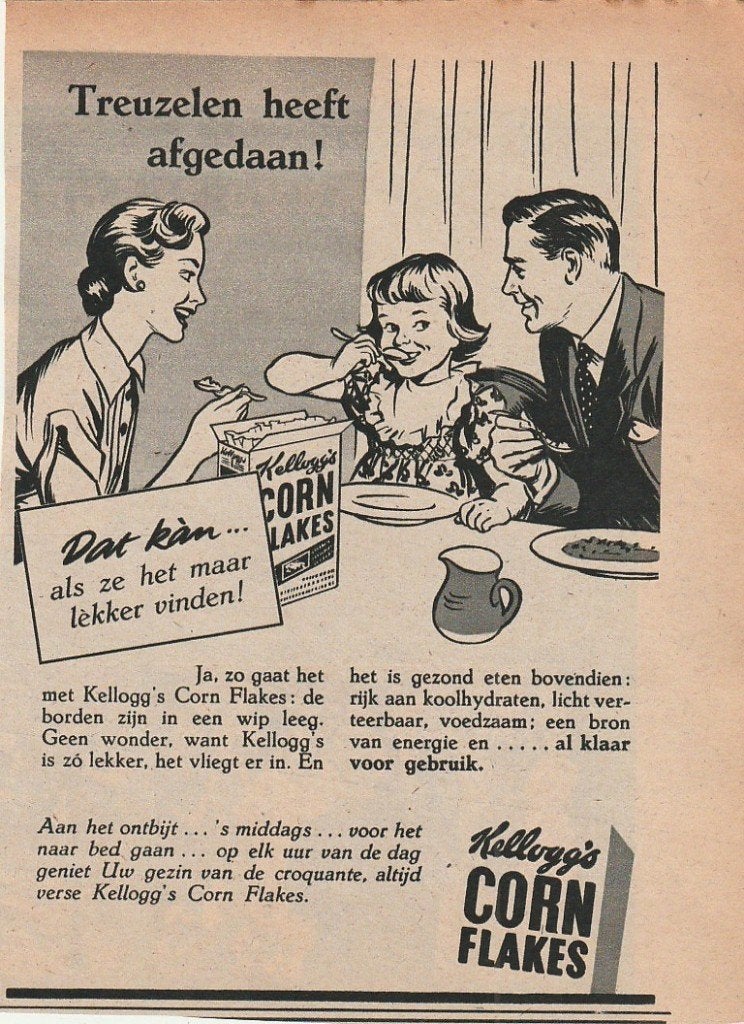 retro reclame 1953 Kellogg's cornflakes geen getreuzel meer, Verzamelen, Verzenden, Overige typen