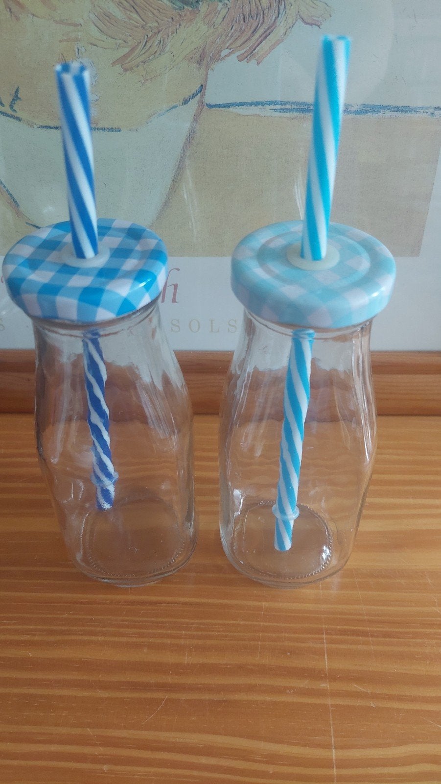 Glazen flesjes met rietje en geruit deksel, Ophalen of Verzenden, Glas, Overige typen, Gebruikt