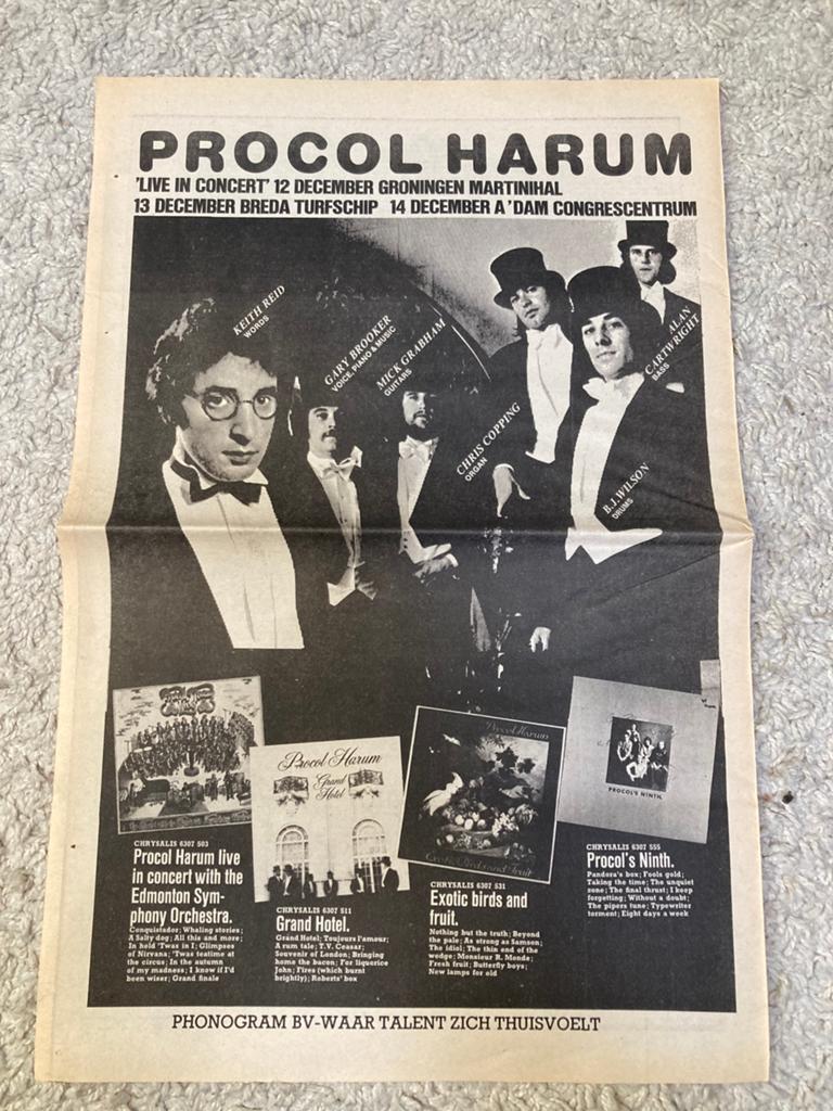 PROCOL HARUM live Amsterdam Groningen Breda A3 advertentie, Ophalen of Verzenden, Gebruikt, A1 t/m A3, Overige onderwerpen