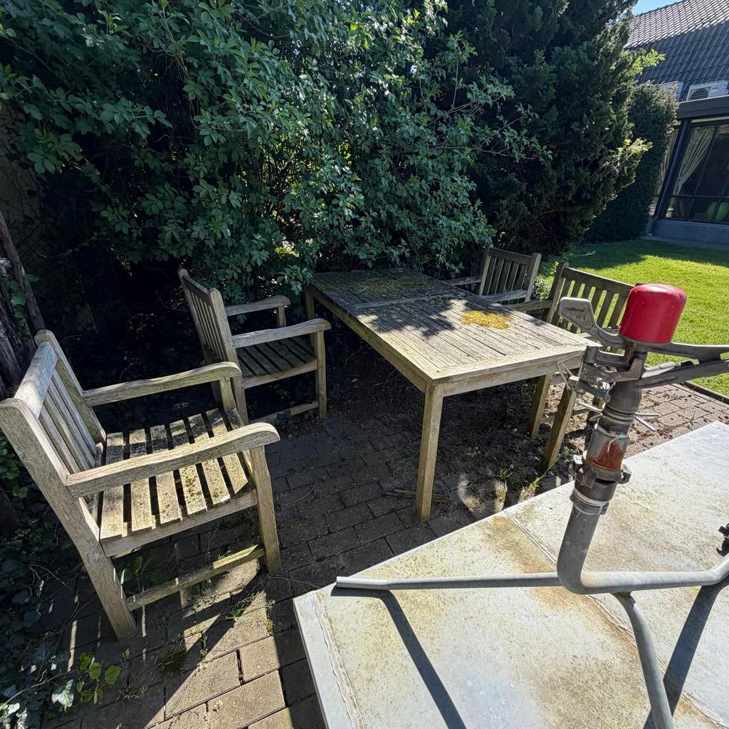 Houten tuinset met 4 stoelen en tafel, Ophalen, 4 zitplaatsen, Gebruikt, Eettafel