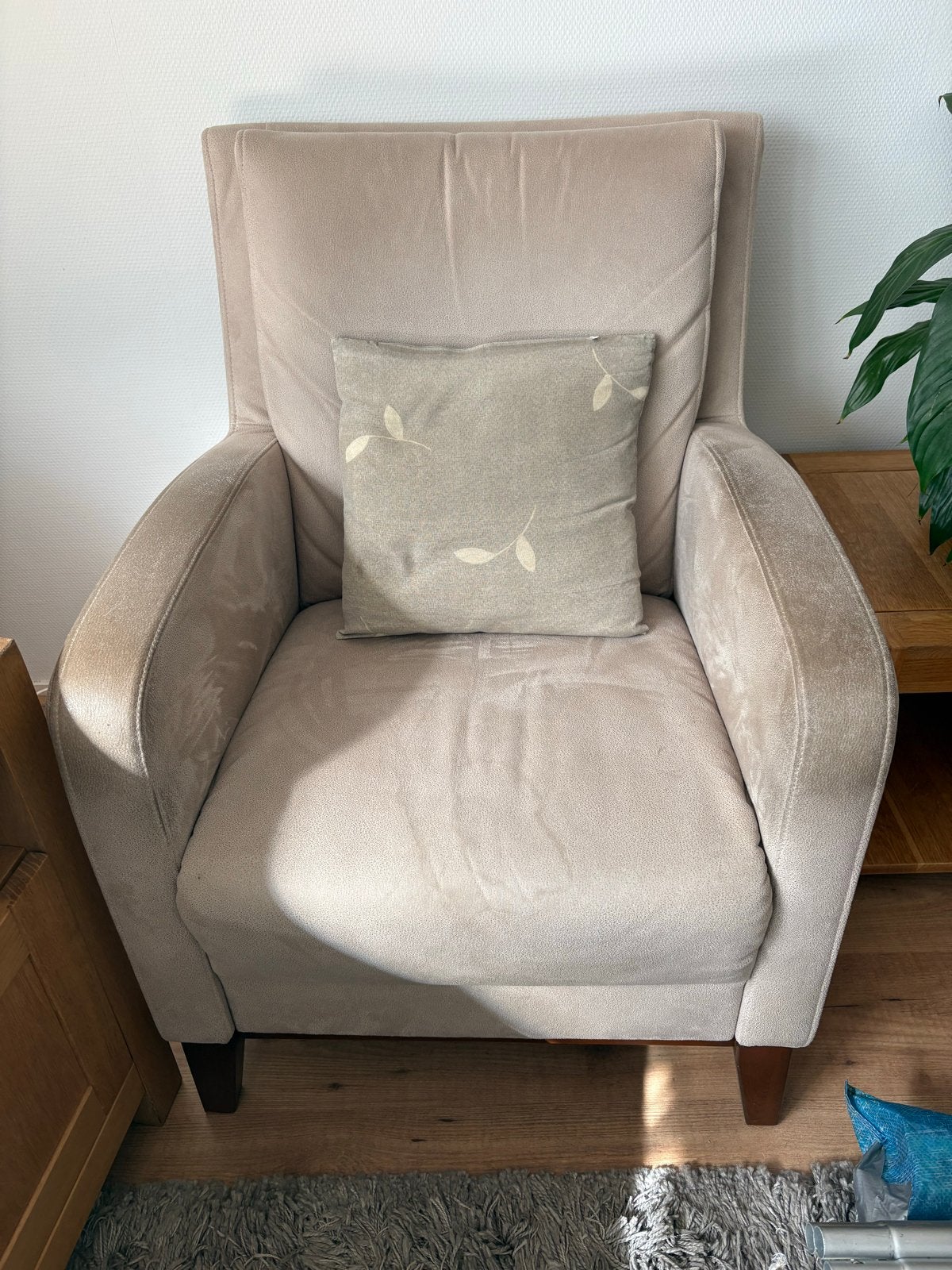 2x Comfortabele fauteuil - Beige stof met kussen, Ophalen, Gebruikt, Stof, 75 tot 100 cm