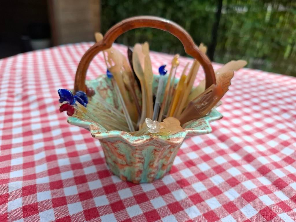 Vintage keramische cocktailprikkerhouder met prikkers, Ophalen