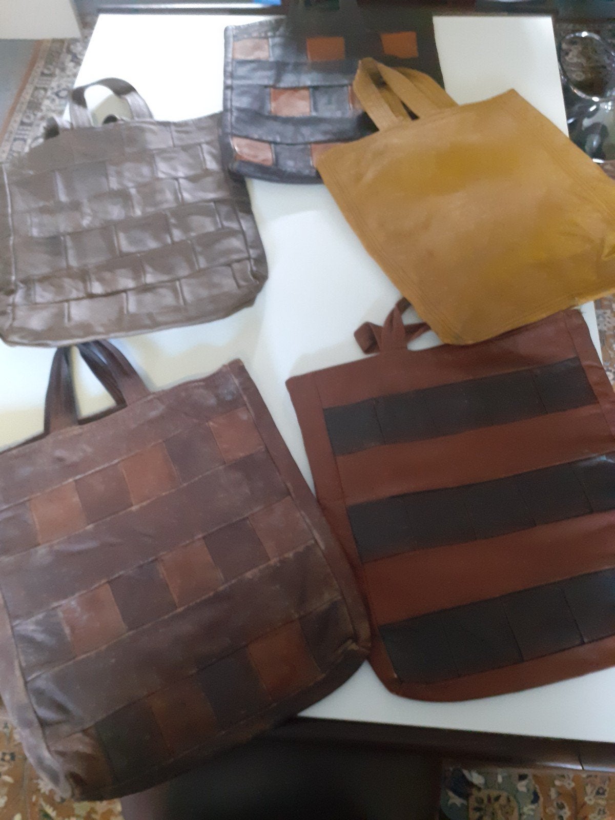 5 Zware Vintage Leren Tassen - 40x43cm - Stoffen Voering, Ophalen of Verzenden, Gebruikt, Bruin, Shopper