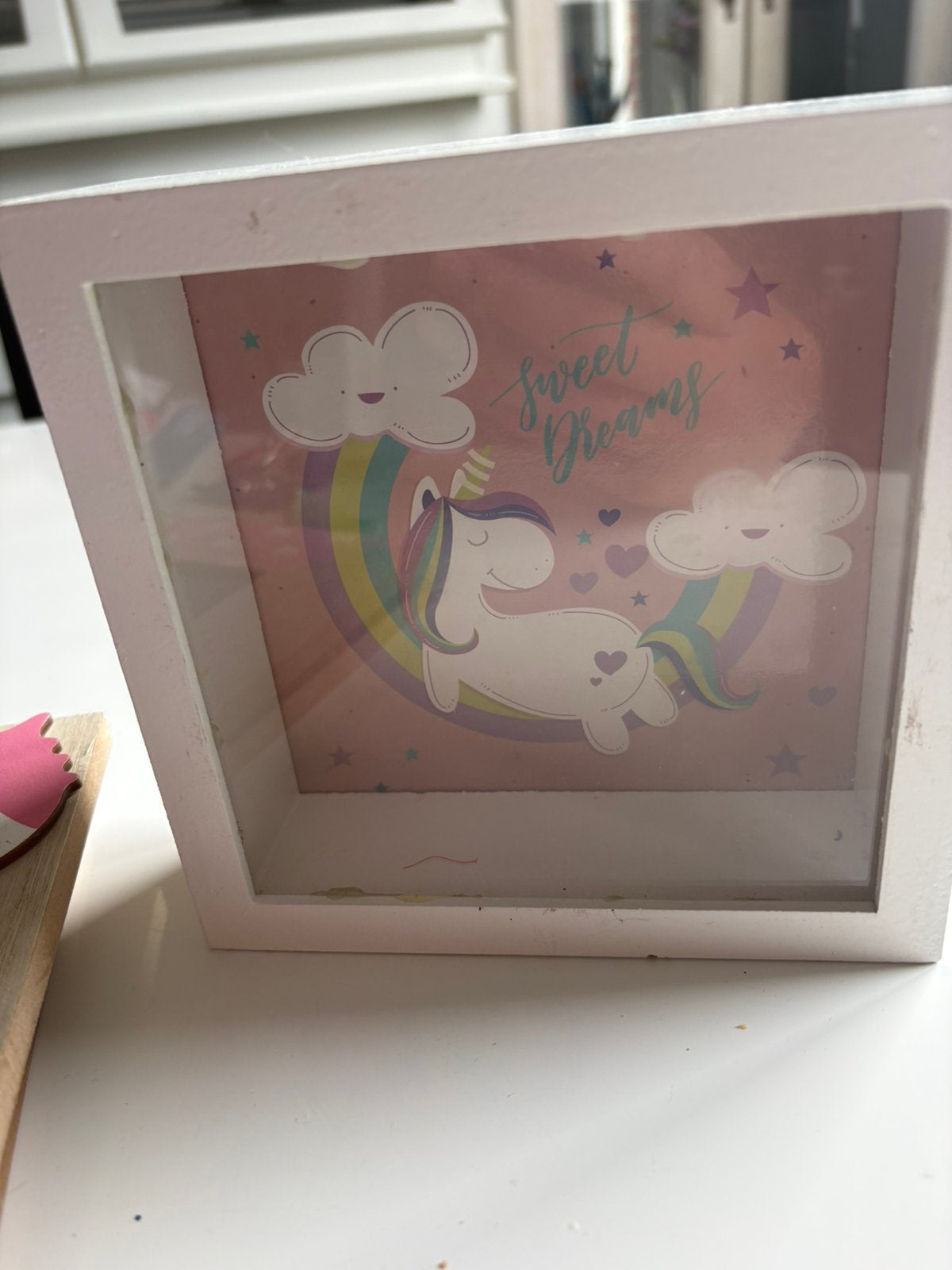Nieuwe spaarpot met eenhoorn en 'Sweet Dreams' opdruk, Ophalen of Verzenden, Nieuw, Hout, Strip- of Tekenfilmfiguur