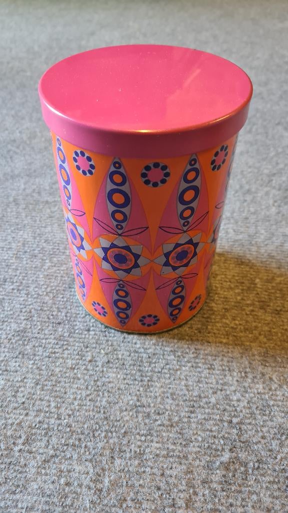 Vintage Tomado blik oranje roze, Verzamelen, Blikken, Ophalen of Verzenden, Gebruikt, Overige, Overige merken
