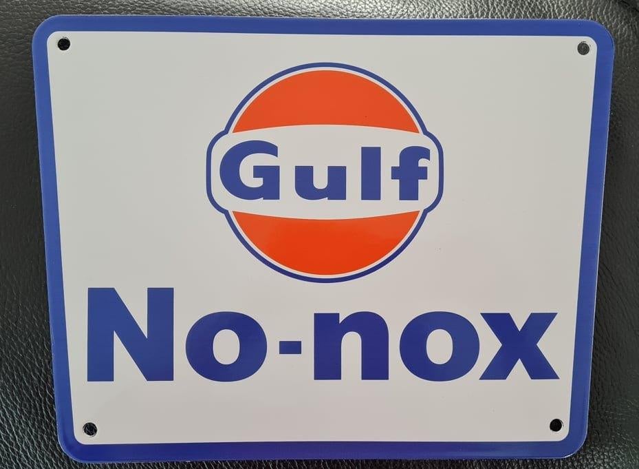 Good Gulf no-nox emaillen benzinepomp reclame vintage borden, Ophalen of Verzenden, Gebruikt, Reclamebord