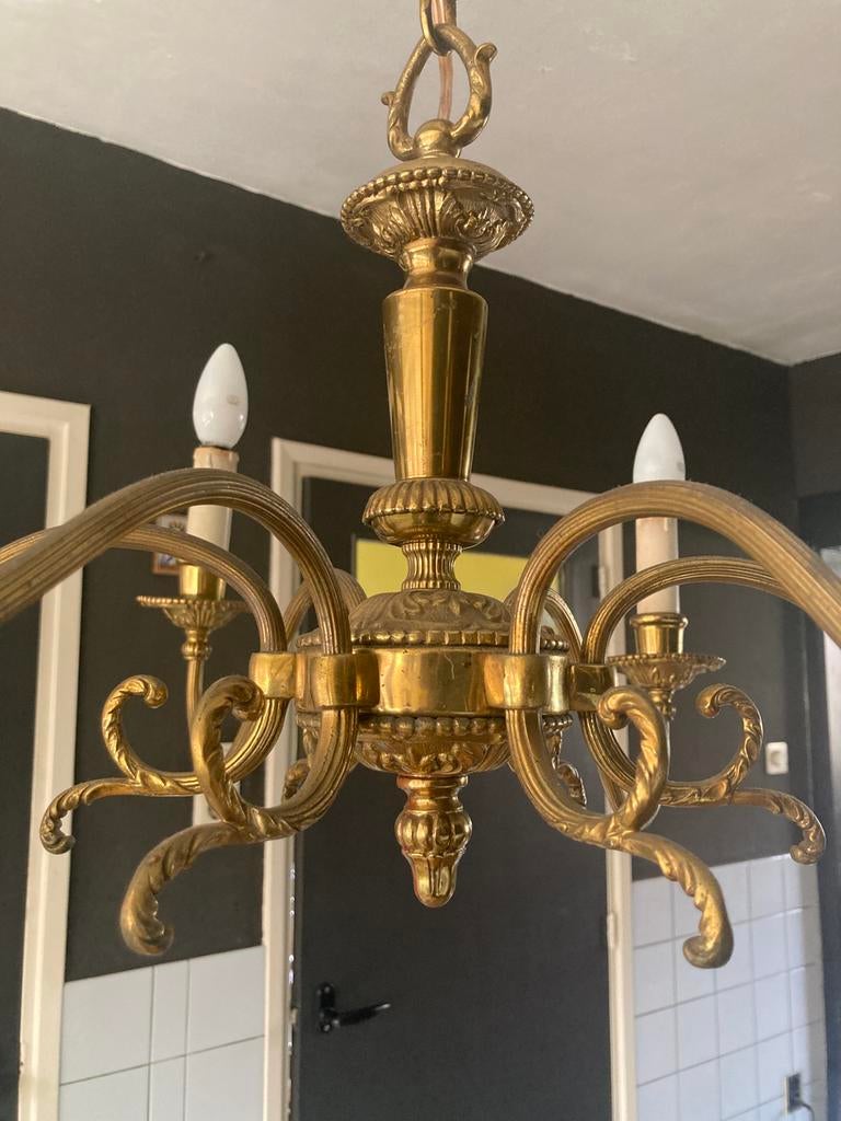 Messing kroonluchter -  6 arms - retro, Huis en Inrichting, Lampen | Kroonluchters, Ophalen, Gebruikt