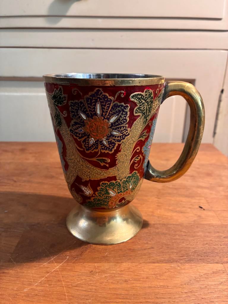 Vintage Messing Beker met Emaille Accent, India, Ophalen of Verzenden