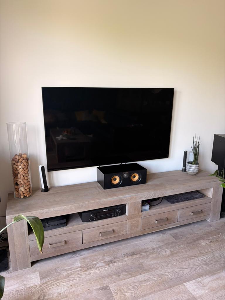 Massief eiken tv-meubel 225x40 – Jansen Totaal Wonen, Ophalen, Eikenhout, Zo goed als nieuw, 200 cm of meer