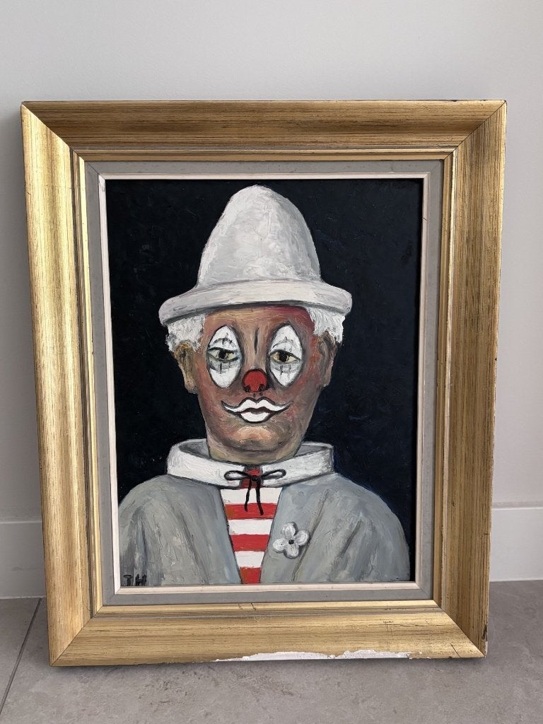 Bijzonder orgineel clown/masker portret - T.H. Gesigneerd, Antiek en Kunst, Kunst | Schilderijen | Klassiek, Doek, Portret of Personen