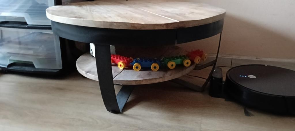 Ronde salontafel van mangohout met metalen onderstel, Gebruikt, 50 tot 100 cm, Rond, 50 tot 100 cm